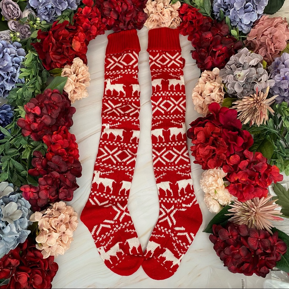 Sexy Over the Knee Red Knit Reindeer Snowflake Socks with Pom Poms - Picture 11 of 15